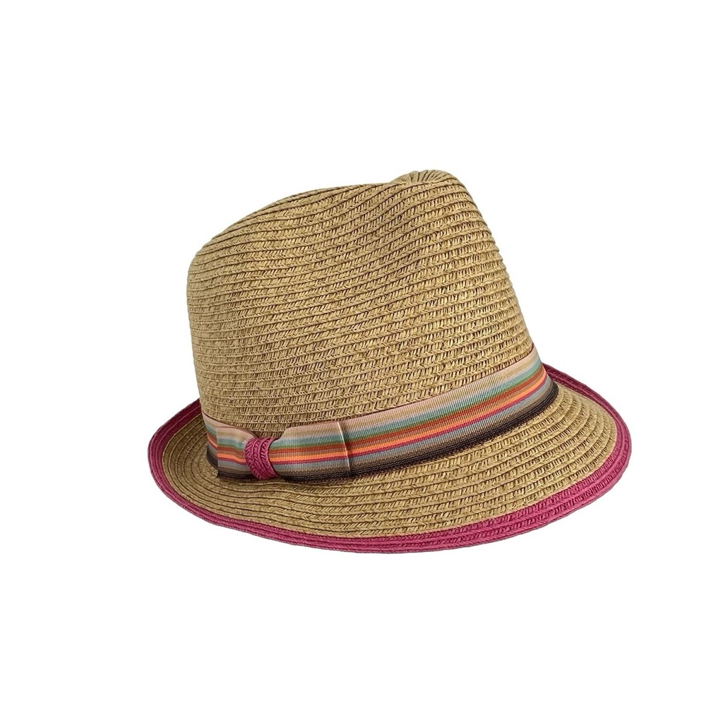 Women's Tan Paper Straw Fedora Hat Multicolor Stripe Pink Trim Boho Summer